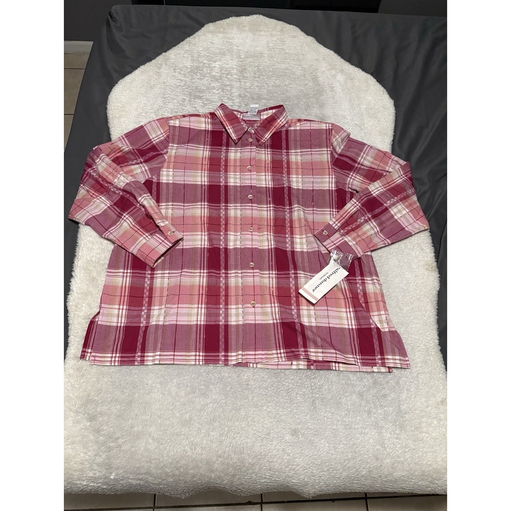 Alfred Dunner Women's Rawsberry Pink Button Down Plaid Shirt Plus Size 18W NWT